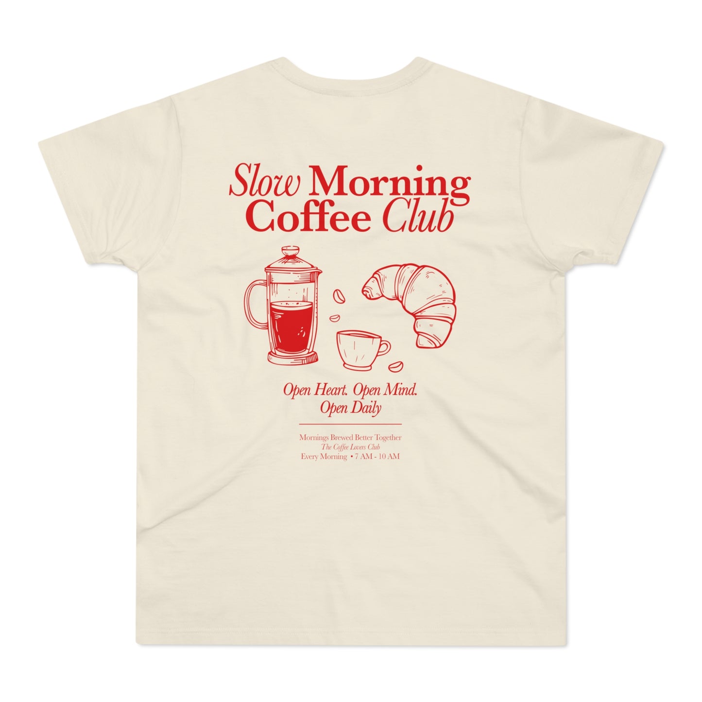Slow Morning Coffee Club Shirt • Coffee Lover T Shirt mit Frühstück Croissant • Cozy Kaffee Outfit für Alltag • Geschenk für Kaffee Fans